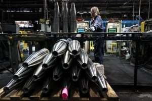 A steel worker working inside the Scranton Army Ammunition Plant in Scranton, Pennsylvania.