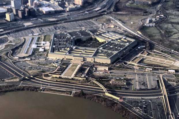 The Pentagon is seen in this aerial view made through an airplane window in Washington