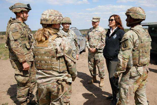 Gov. Gretchen Whitmer visits Michigan National Guard soldiers in Latvia.