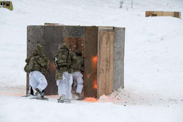 U.S. Army paratroopers assigned to the 3rd Battalion, 509th Parachute Infantry Regiment, 2nd Infantry Brigade Combat Team (Airborne), 11th Airborne Division, ‘Arctic Angels,’ clear an enemy bunker while assaulting their objective during a combined arms live-fire exercise at the infantry squad battle course on Joint Base Elmendorf-Richardson, Alaska.