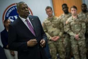 Secretary of Defense Lloyd J. Austin III speaks to Fayetteville State University ROTC students.
