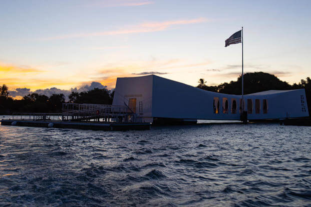 A dock dedication and blessing ceremony was held aboard the USS Arizona Memorial, Aug. 31, 2019. The USS Arizona Memorial has been closed for 14 months due to dock repairs and renovations. (U.S. Navy photo/Jessica O. Blackwell)