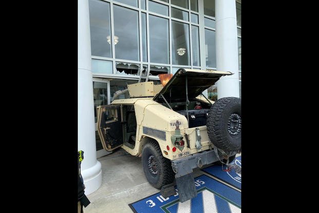 A Humvee was smashed into the headquarters of the 3rd Infantry Division on Monday.