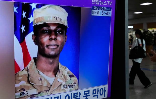 file image of American soldier Travis King during a news program at the Seoul Railway Station in Seoul