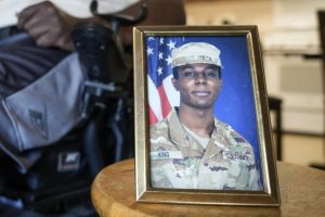 portrait of American soldier Travis King is displayed