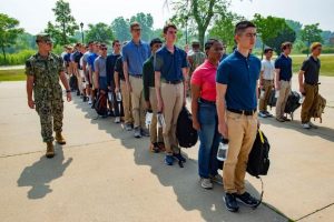 NROTC students line up for orientation at Great Lakes, Illinois.