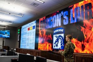 An officer delivers a presentation at episode 4 of Dragon’s Lair at the XVIII Airborne Corps Headquarters