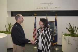 Chief of Naval Operations Adm. Jonathan Greenert thanks Lisa Callahan, Lockheed Martin vice president of undersea systems, after a site visit at Lockheed Martin.