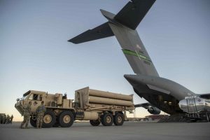 A U.S. Army Terminal High Altitude Area Defense launching station prepares to load onto a 4th Airlift Squadron C-17 Globemaster III at Fort Bliss, Texas, Feb. 23, 2019. (U.S. Air Force photo by Staff Sgt. Cory D. Payne)