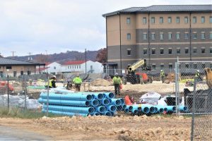 Contractors work in the 1600 block of the cantonment area at Fort McCoy, Wis., on Oct. 31, 2023, for a new construction project to build a $28.08 million barracks building.