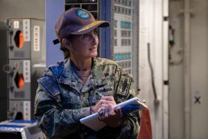 Rear Adm. Yvette Davids visits with sailors aboard the Arleigh Burke-class guided-missile destroyer USS Michael Murphy