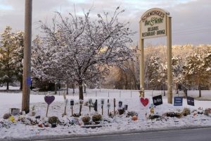 A makeshift memorial for the victims of a mass shooting in Lewiston, Maine.
