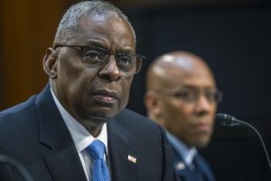 Secretary of Defense Lloyd J. Austin III, foreground, and Air Force Gen. Charles Q. Brown Jr., chairman of the Joint Chiefs of Staff, provide testimony at a Senate Armed Services Committee hearing on the Department of Defense’s fiscal 2025 budget request and Future Years Defense Program at the Hart Senate Office Building, Washington, D.C.