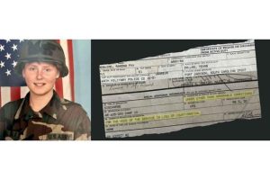 Mona McGuire with a portion of her discharge certificate.