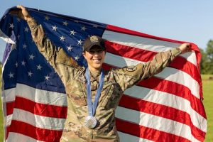 U.S. Army Sgt. Sagen Maddalena poses with her Paris 2024 Olympic silver medal
