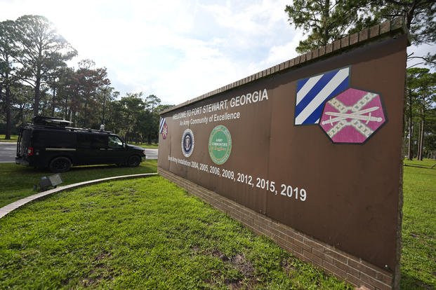 A sign welcoming people to Fort Stewart in Georgia is seen
