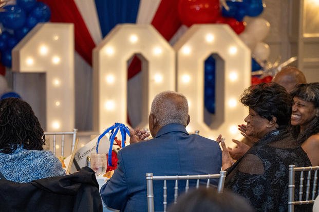 Former Tuskegee Airman Eugene Richardson attends his 100th birthday celebration in Springfield, Pennsylvania.