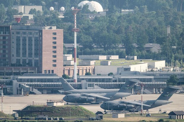 U.S. Air Force transport aircrafts are seen on the tarmac at Ramstein Air Base, in Germany.